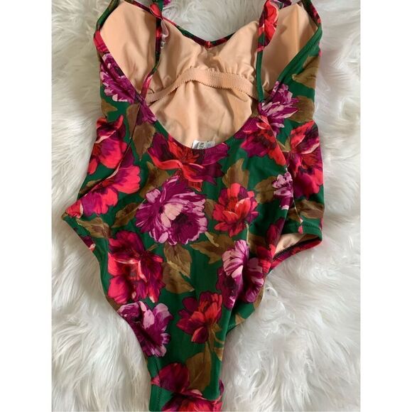 J Crew Emerald Green Bold Floral Ruffled Shoulder Swimsuit Size S - Picture 5 of 8